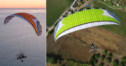 Paramotor pilots flying over ocean and farmland